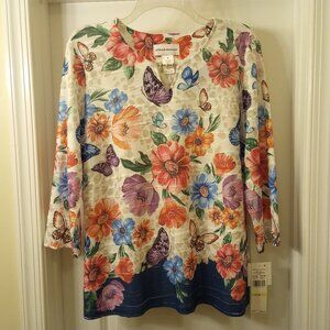 New With Tags Alfred Dunner In Full Bloom Floral Butterfly Top, Size M
